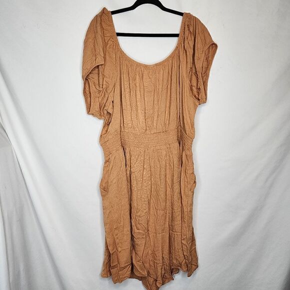 4X 26W Torrid Brown Smocked Waist Romper Rayon Slub Stretch Pocket Nuetral Relax - Picture 9 of 9